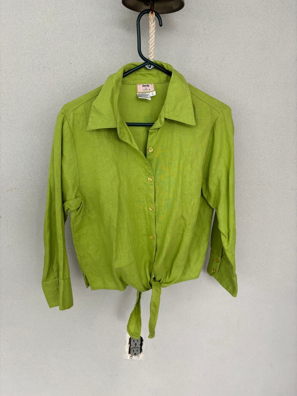 100% Linen Vintage Chartreuse Button Up Tie Front Blouse Y2K Boho Coastal Lime